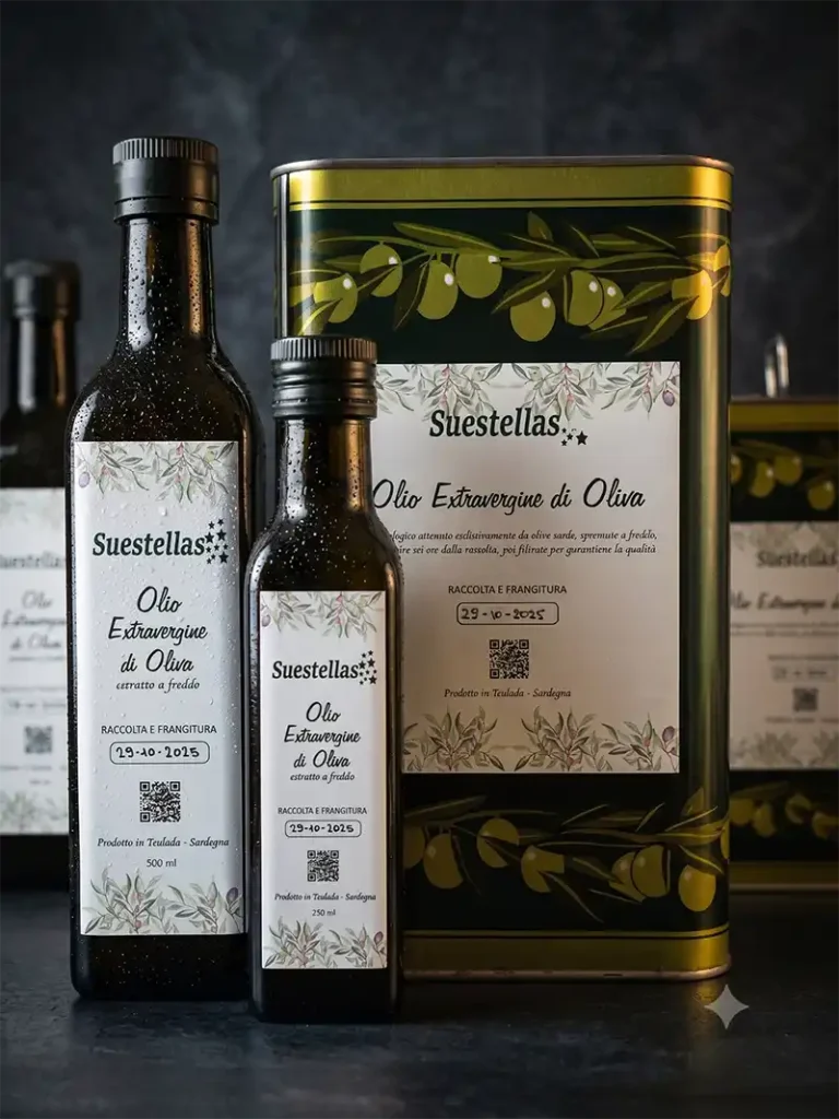 Confezioni di olio extravergine di oliva Suestellas: una latta grande da 5 litri e due bottiglie di vetro scuro da 500ml e 250ml con etichette dettagliate su sfondo scuro